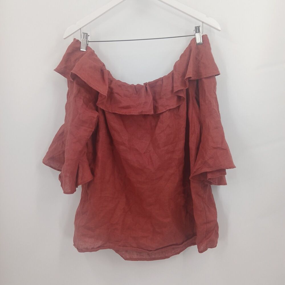 Cupio Off The Shoulder Ruffle Top Womens Large Rust Brown Boho Chic 100% Linen